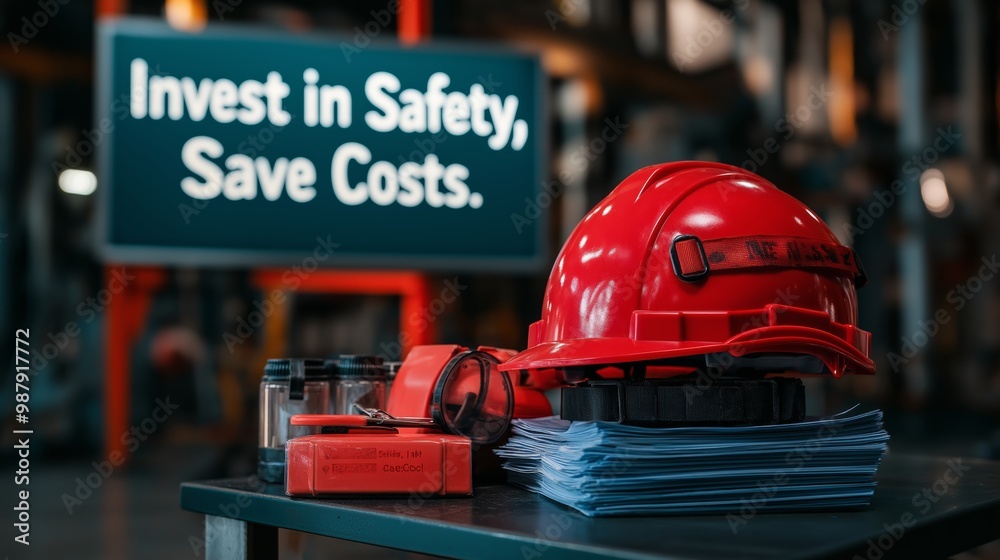 Close-up of safety helmet, gloves, and documents on a table with a sign saying 'Invest in Safety, Save Costs' in a workplace setting.