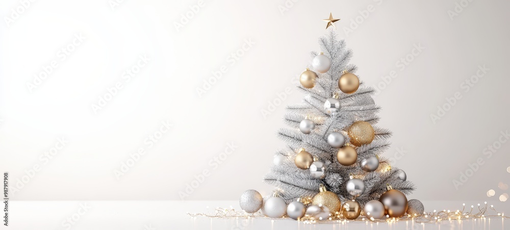 A small, tabletop New Year tree decorated with silver and gold baubles A small, tabletop New Year tree decorated with silver and gold baubles