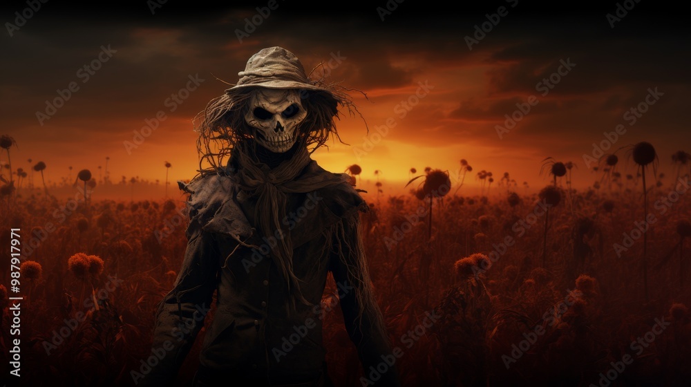A creepy scarecrow watching over a misty, dark cornfield A creepy scarecrow watching over a misty, dark cornfield