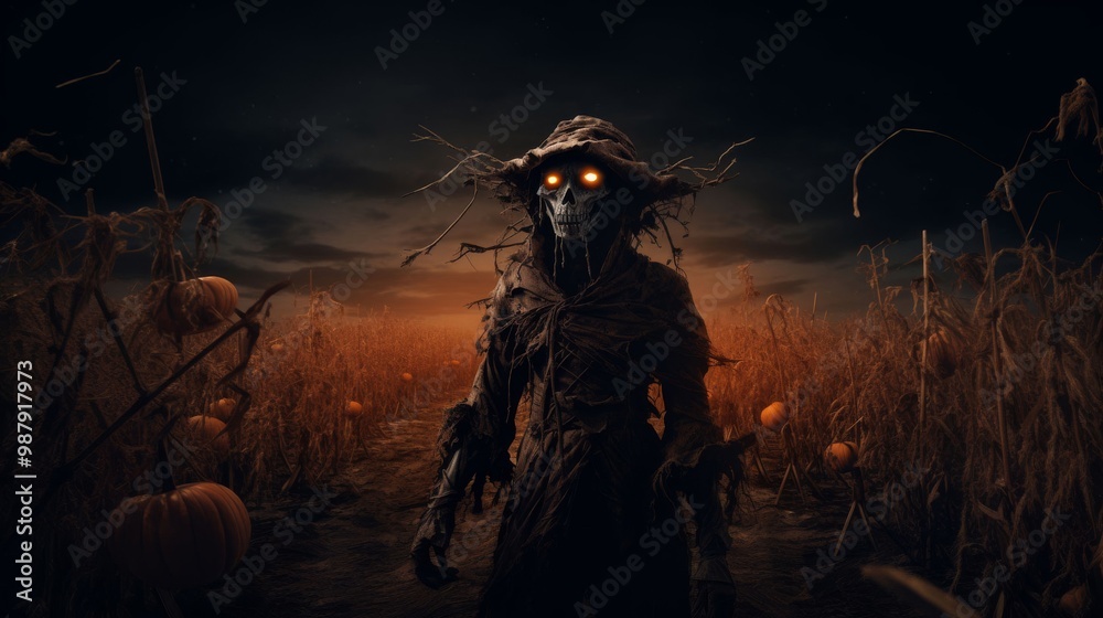 A frightening scarecrow stands watch in a gloomy, mist-covered cornfield A frightening scarecrow stands watch in a gloomy, mist-covered cornfield