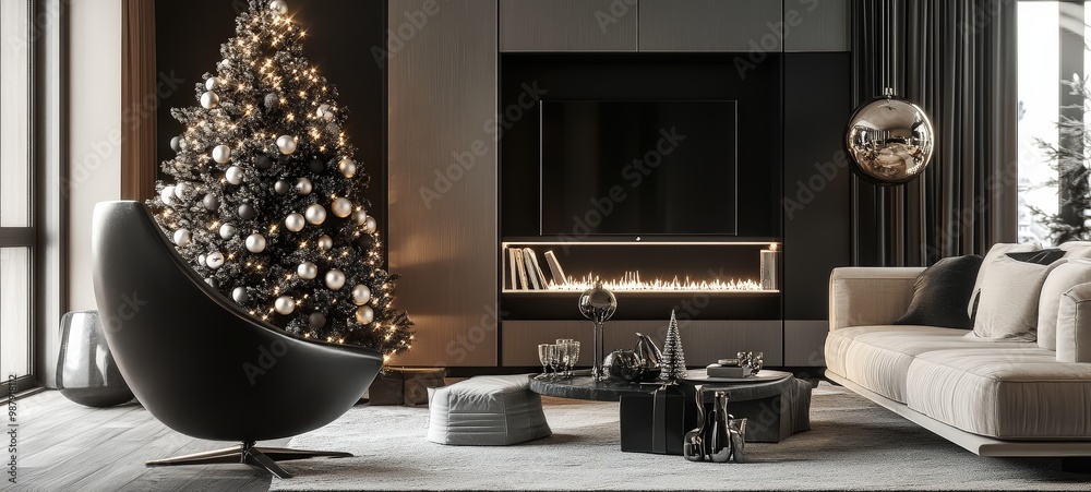 A stylish apartment with a New Year tree decorated in a monochromatic color scheme