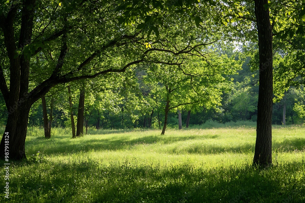 Obraz premium Sunlight shining through trees in a green forest clearing with tall grass