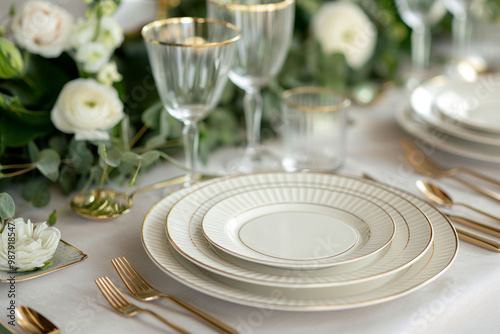 Wallpaper Mural Luxurious, elegantly laid dinner table with fine white dishes, gold-rimmed glasses, and floral arrangement, elegant dinner concept Torontodigital.ca