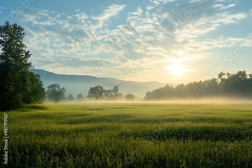 Sunrise over foggy valley with green meadow and trees