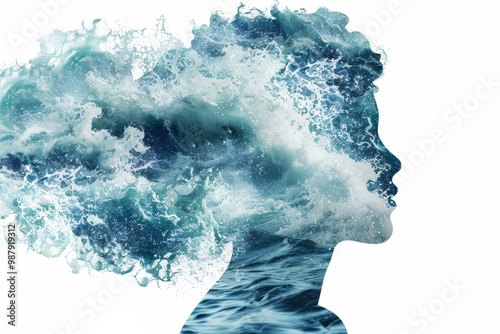 Silhouette of a woman's profile blended with a dramatic ocean landscape, symbolizing a surreal connection between human emotion and the powerful forces of nature.