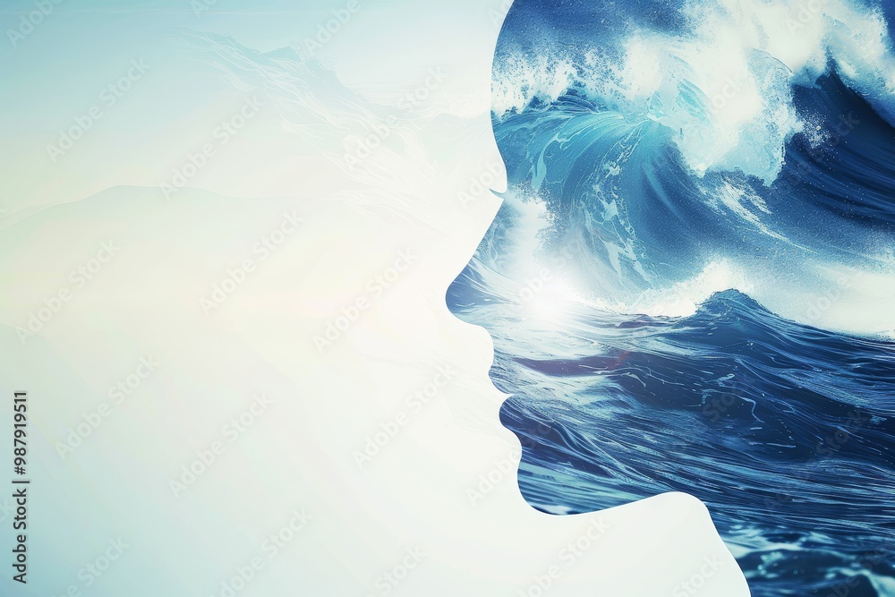 Silhouette of a woman's profile blended with a dramatic ocean landscape, symbolizing a surreal connection between human emotion and the powerful forces of nature. Silhouette of a woman's profile blended with a dramatic ocean landscape, symbolizing a surreal connection between human emotion and the powerful forces of nature.