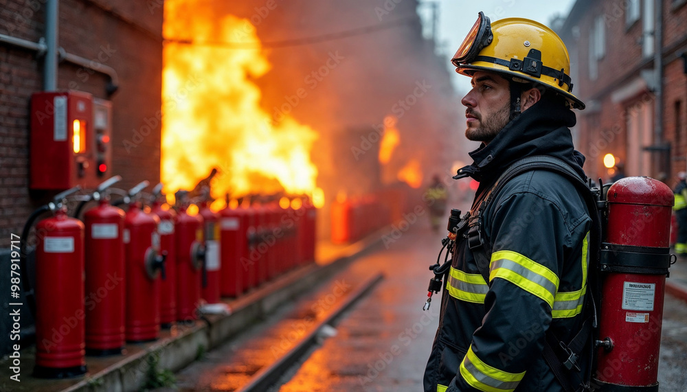 Fototapeta premium Fully equipped firefighter intervening in a fire emergency.