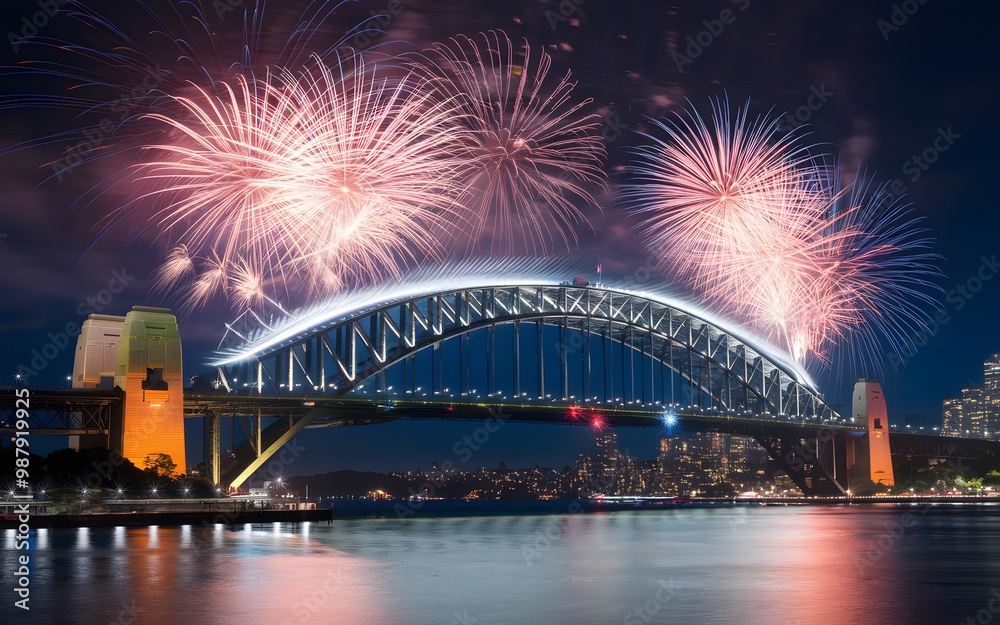 Fototapeta premium Fireworks display over a bridge at night.
