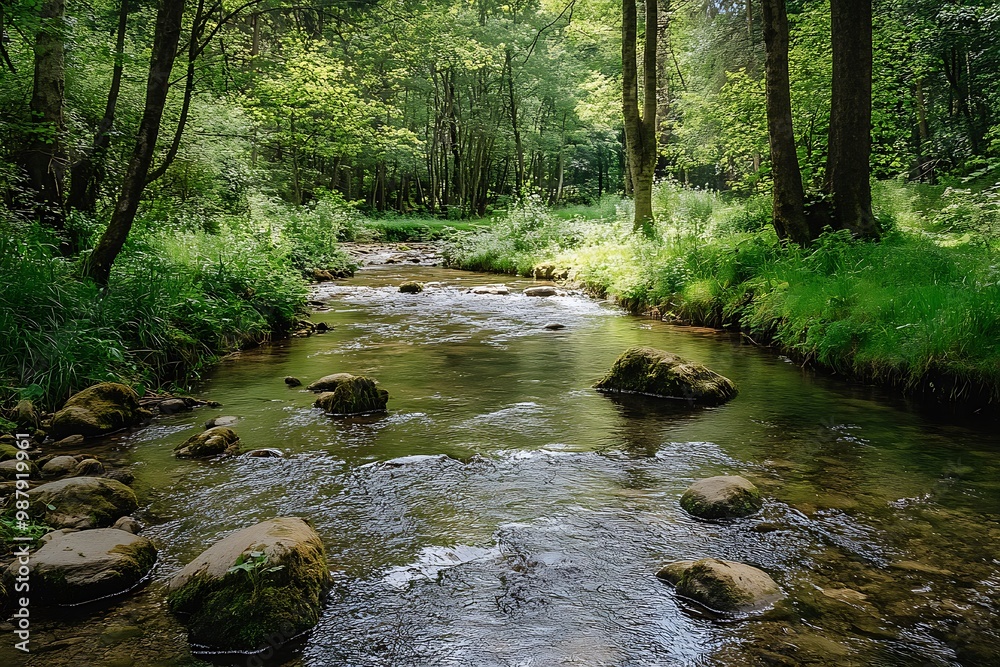Peaceful Forest River Scene with Tranquil Flowing Water and Lush Greenery Peaceful Forest River Scene with Tranquil Flowing Water and Lush Greenery