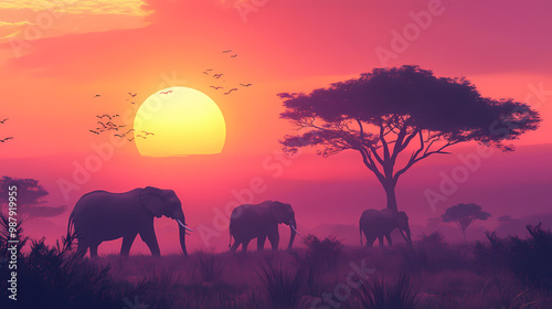 Majestic african elephants roaming savanna at sunset, wildlife photography composition. Savannah Sunset. Illustration photo