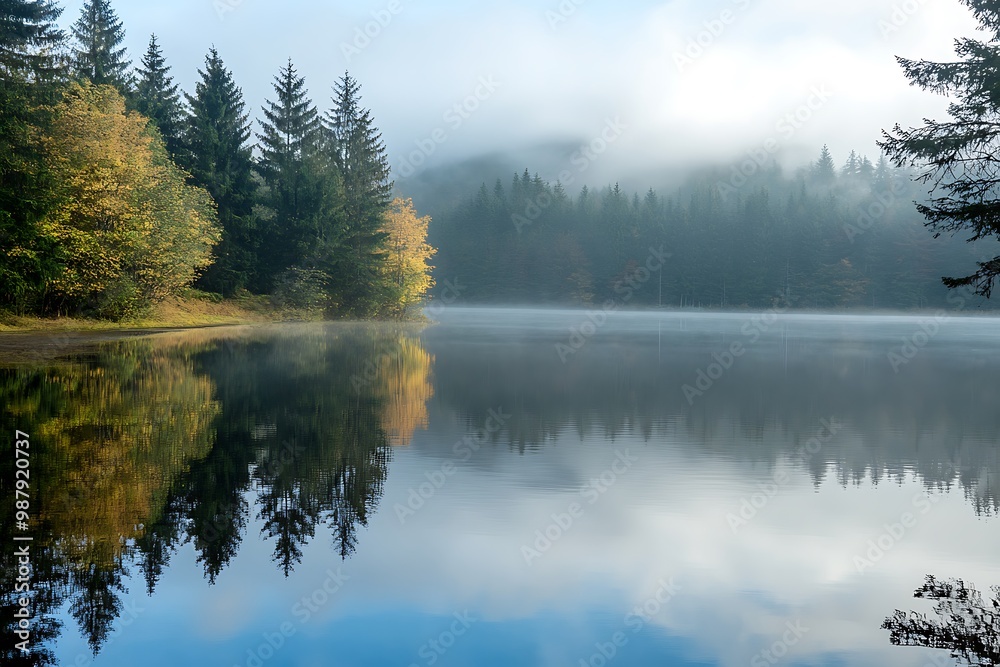 Misty morning on a serene forest lake. Peaceful nature landscape with reflections on calm water. Misty morning on a serene forest lake. Peaceful nature landscape with reflections on calm water.