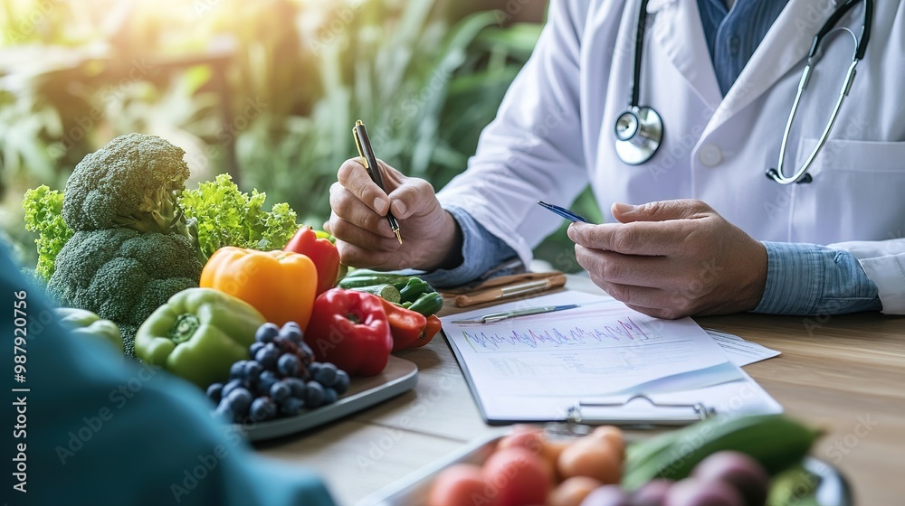 A doctor discussing the benefits of nutrition, mindfulness, and lifestyle changes with a patient as part of a holistic health approach. A doctor discussing the benefits of nutrition, mindfulness, and lifestyle changes with a patient as part of a holistic health approach.