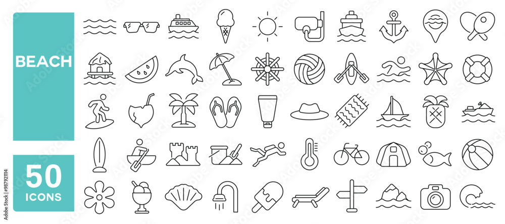 Set of 50 line icons related to beach, sea, waves, sun, umbrella, boat, ship, surfboard, sand, island, ice cream, volleyball, palm, swimming, watermelon, coconut, Editable stroke. Vector illustration