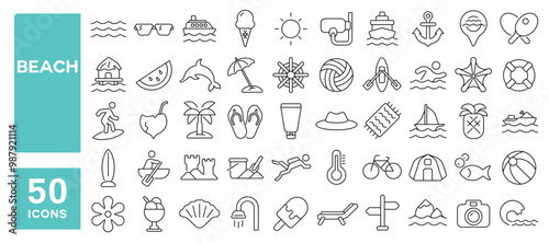 Set of 50 line icons related to beach, sea, waves, sun, umbrella, boat, ship, surfboard, sand, island, ice cream, volleyball, palm, swimming, watermelon, coconut, Editable stroke. Vector illustration