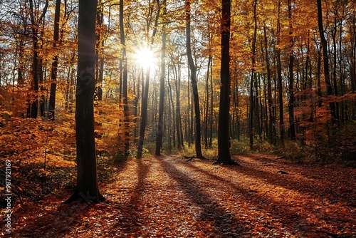 Sunlight shining through trees in an autumn forest, golden leaves on the ground