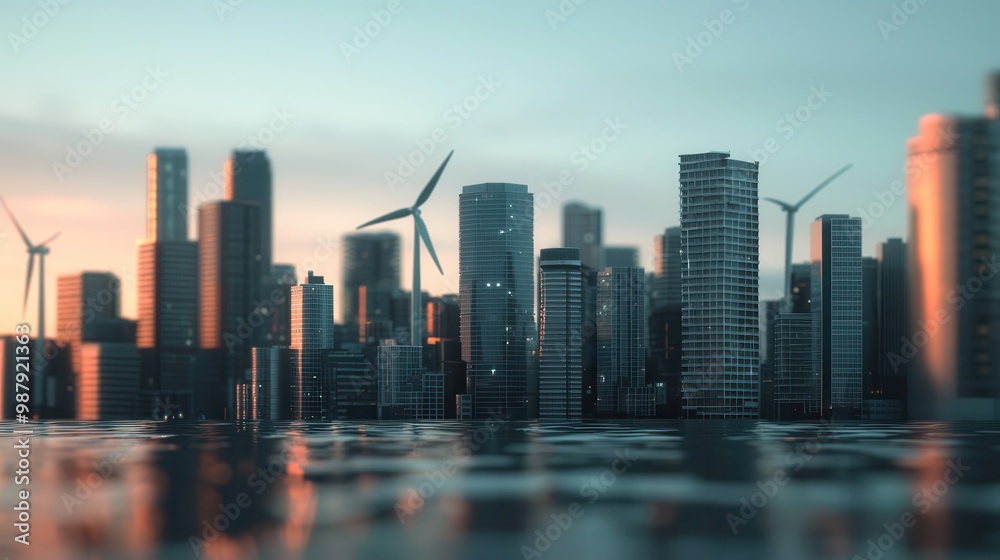 Fototapeta premium A modern cityscape featuring sleek skyscrapers and wind turbines, reflecting a sustainable future with a serene water surface.