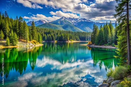 Tranquil Lake Cle Elum in Washington Surrounded by Majestic Pine Trees and Scenic Mountain Views photo