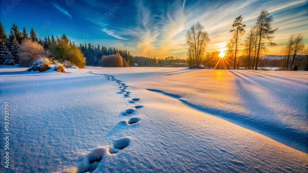 Unique Animal Tracks Imprinted on a Fresh Layer of Snow in a Serene Winter Landscape Scene