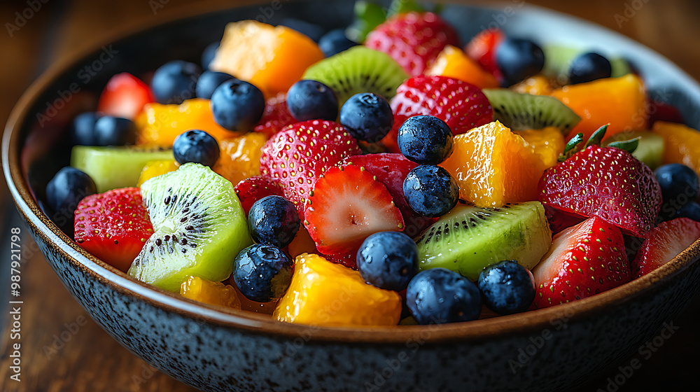 Inviting 8K Photograph of Vibrant Fruit Salad with Seasonal Strawberries, Blueberries, Kiwi, and Oranges Inviting 8K Photograph of Vibrant Fruit Salad with Seasonal Strawberries, Blueberries, Kiwi, and Oranges