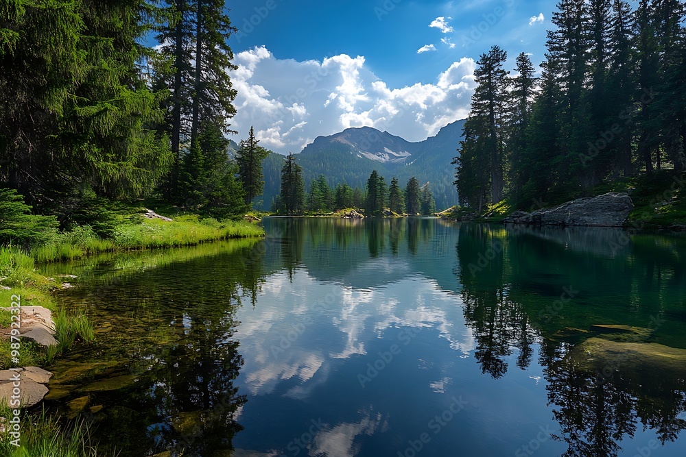 Scenic mountain lake with reflection of trees and clouds in calm water. Scenic mountain lake with reflection of trees and clouds in calm water.