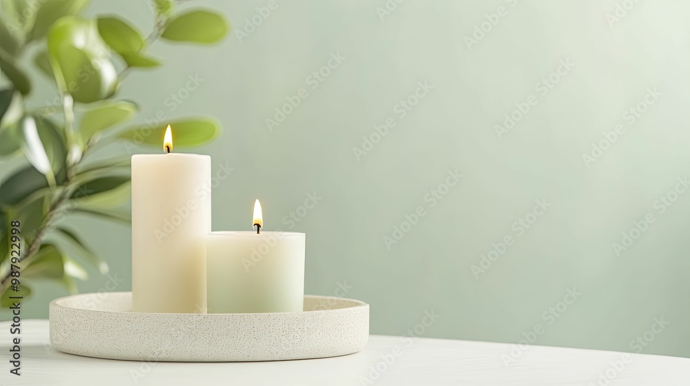Serene Still Life Featuring a Flickering Candle and Lush Green Plant, Creating a Calming Ambiance for Relaxation and Reflection