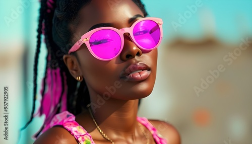 Vibrant Afro American woman in colorful pink sunglasses embracing summer vibes