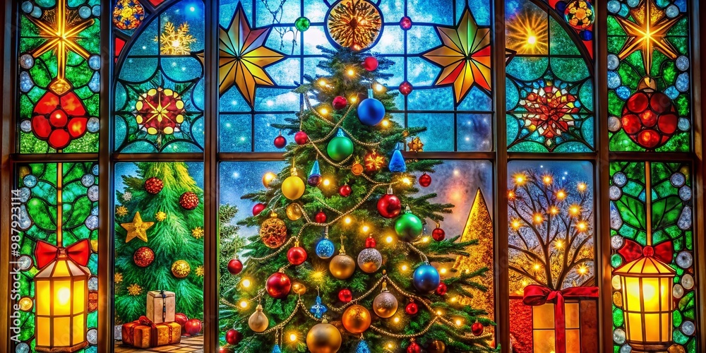 Vibrant Christmas Stained Glass Window Featuring Holiday Symbols, Colors, and Festive Imagery Vibrant Christmas Stained Glass Window Featuring Holiday Symbols, Colors, and Festive Imagery