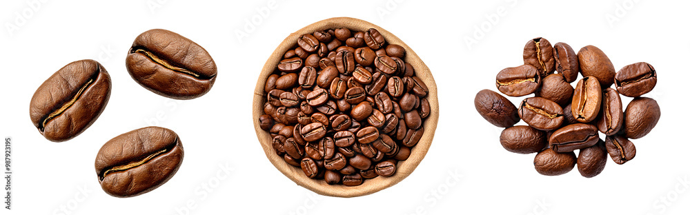 Fototapeta premium Coffee beans showcased in various arrangements including a small cluster, a bowl full, and a loose pile on a transparent background
