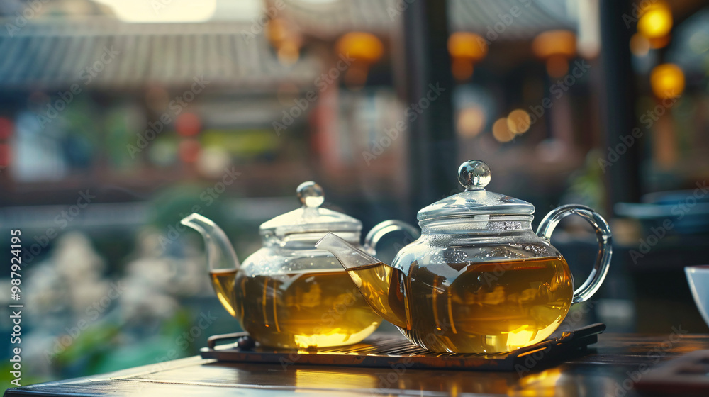 Glass teapots filled with clear Asian consommé. Traditional tea house backdrop. with space for text Glass teapots filled with clear Asian consommé. Traditional tea house backdrop. with space for text