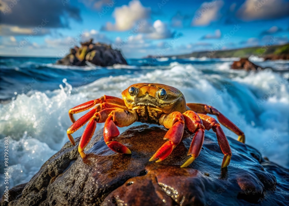 Vibrant Sally Lightfoot Crab Clinging to Rocky Shoreline with Ocean Waves in the Background Vibrant Sally Lightfoot Crab Clinging to Rocky Shoreline with Ocean Waves in the Background