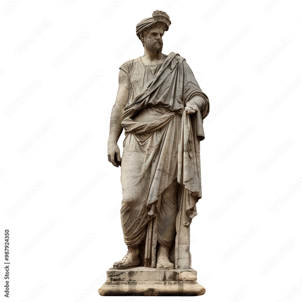 Fototapeta premium Marble statue of an ancient roman philosopher wearing a toga and holding a scroll, isolated on white background