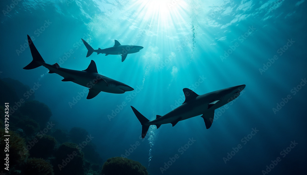 Naklejka premium Silhouettes of blue sharks glide gracefully beneath the shimmering ocean surface.