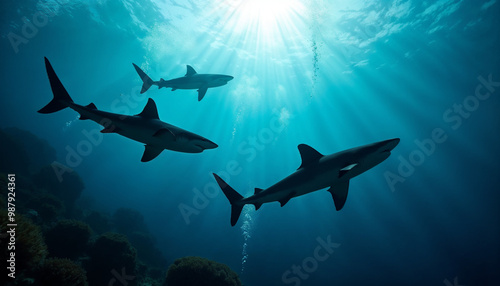 Silhouettes of blue sharks glide gracefully beneath the shimmering ocean surface.