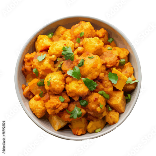 top view of indian food Aloo Gobi isolated on a transparent white background 