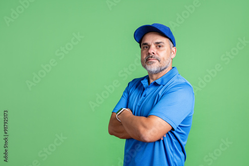 Confident courier with crossed arms in blue uniform, green chroma background photo