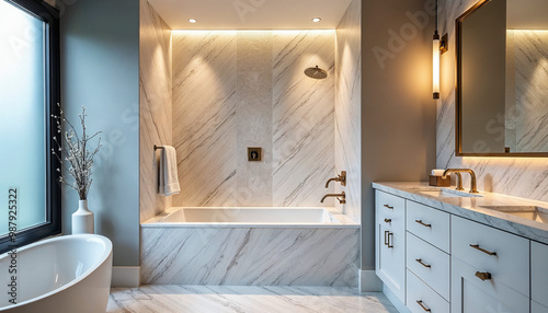 Luxurious ensuite bathroom featuring a herringbone marble shower and serene, modern design.






 photo