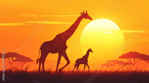 Mother and baby giraffes walking together through the savana at sunset. Savannah Sunset. Illustration