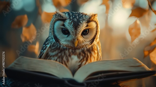 Wallpaper Mural  Wise owl sitting with an open book, surrounded by warm, autumnal light, creating a scene of wisdom and learning in nature. Torontodigital.ca