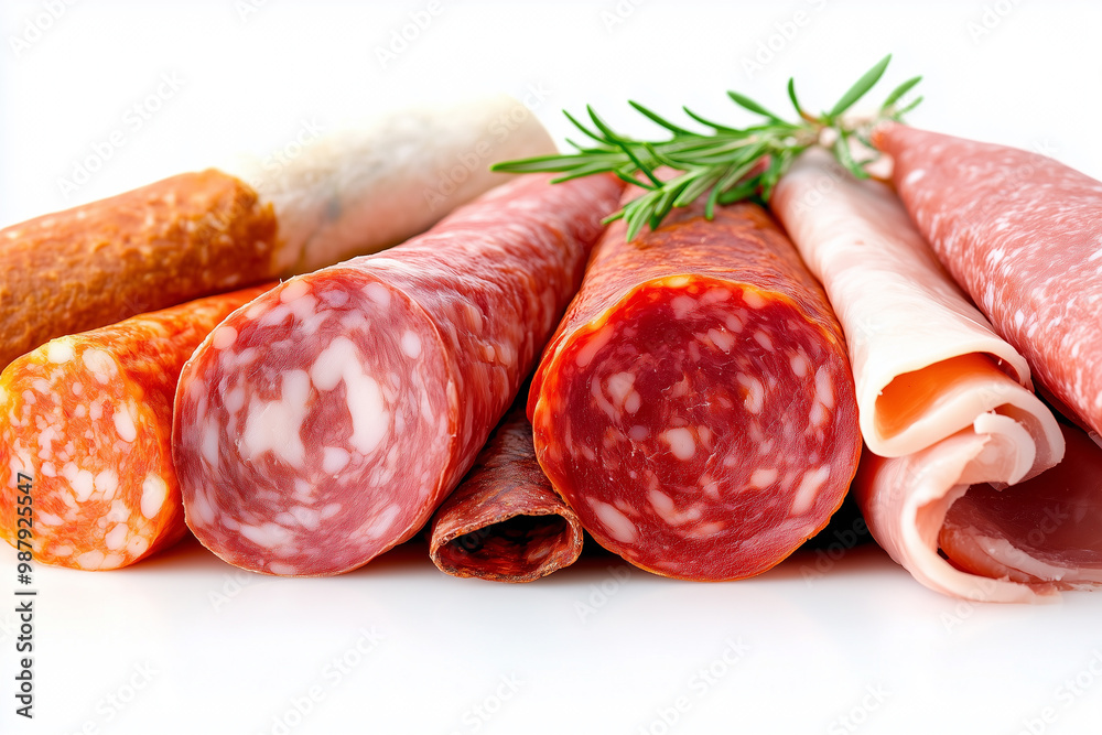 A variety of meats including ham, salami, and roast beef are displayed on a white background A variety of meats including ham, salami, and roast beef are displayed on a white background