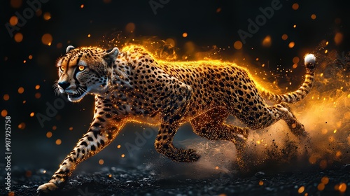  Cheetah in full sprint emits glowing fiery aura, embodying speed, power, and energy in a visually stunning action shot. photo