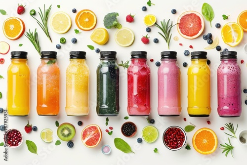 Colorful assortment of fresh juices and fruits on a table