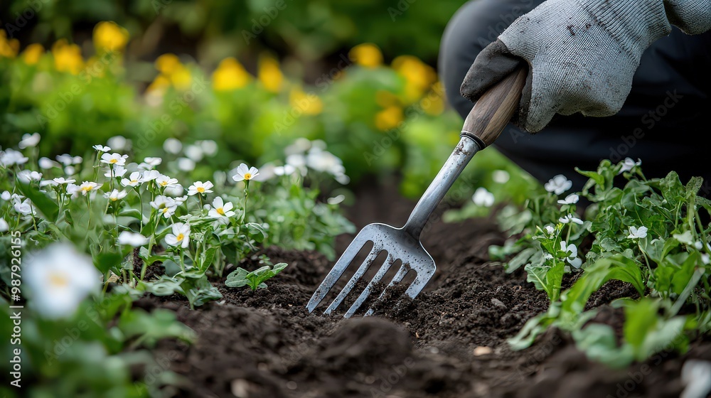 Gardener tends to soil with a rake, ensuring the healthy growth of flowers and vegetables, symbolizing dedication and care in gardening. Gardener tends to soil with a rake, ensuring the healthy growth of flowers and vegetables, symbolizing dedication and care in gardening.