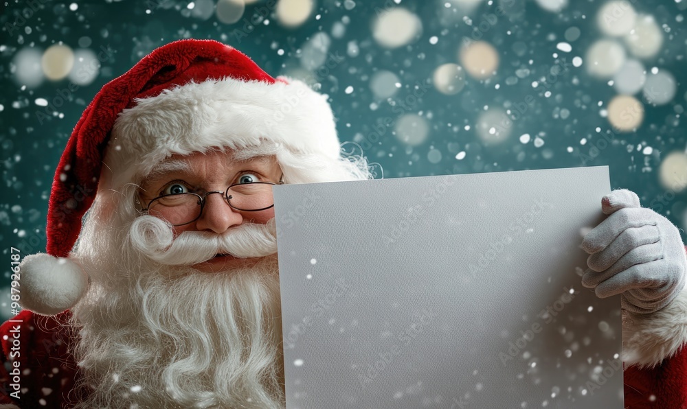 Santa Claus Pointing at a Blank Poster in the Snow
