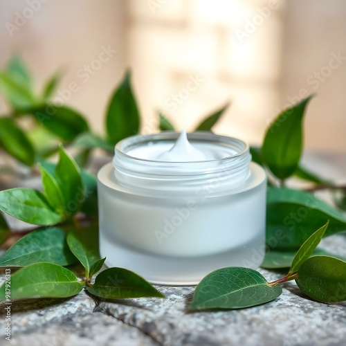 cosmetic cream and leaves cosmetic cream with leaves jar of cream with a background