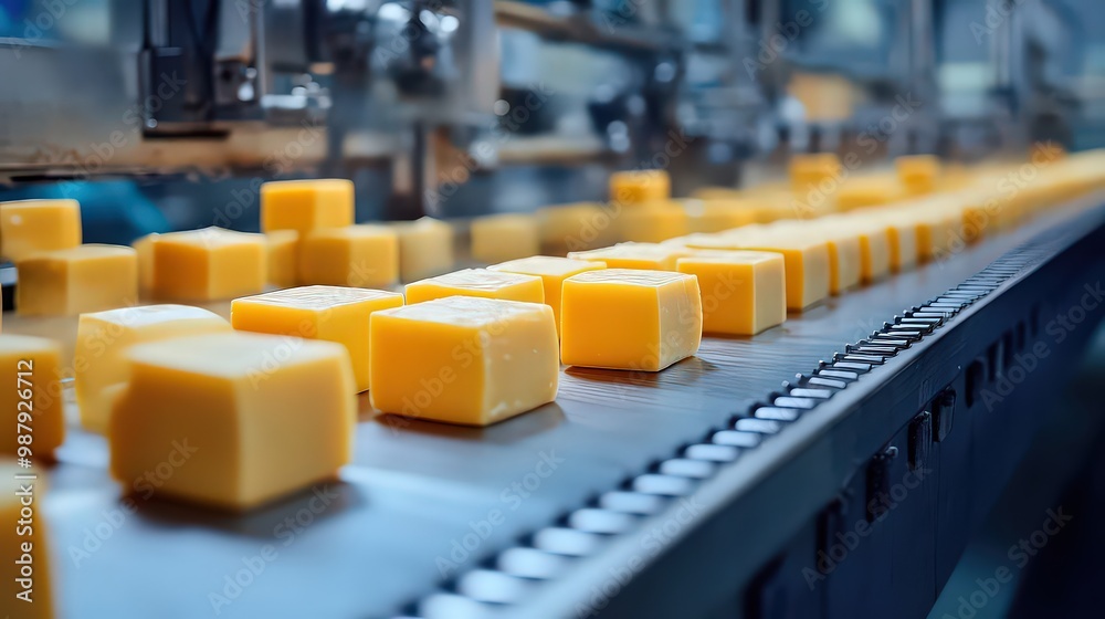 Fototapeta premium Conveyor line processes uniform cheese cubes in high-efficiency dairy factory, showcasing modern food production techniques and streamlined manufacturing.