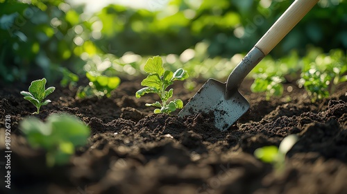  Hand shovel digs into rich soil beside young plant sprouts in lush garden setting, capturing the essence of nurturing new life and growth through gardening.