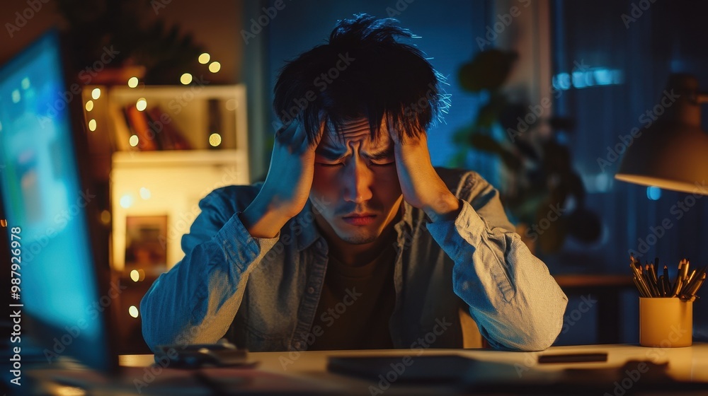 Frustrated Man Rubbing His Temples in Dim Lighting Frustrated Man Rubbing His Temples in Dim Lighting
