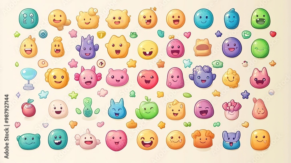 Fototapeta premium A vibrant collection of colorful emojis showcasing various emotions and characters, perfect for fun and creative designs.
