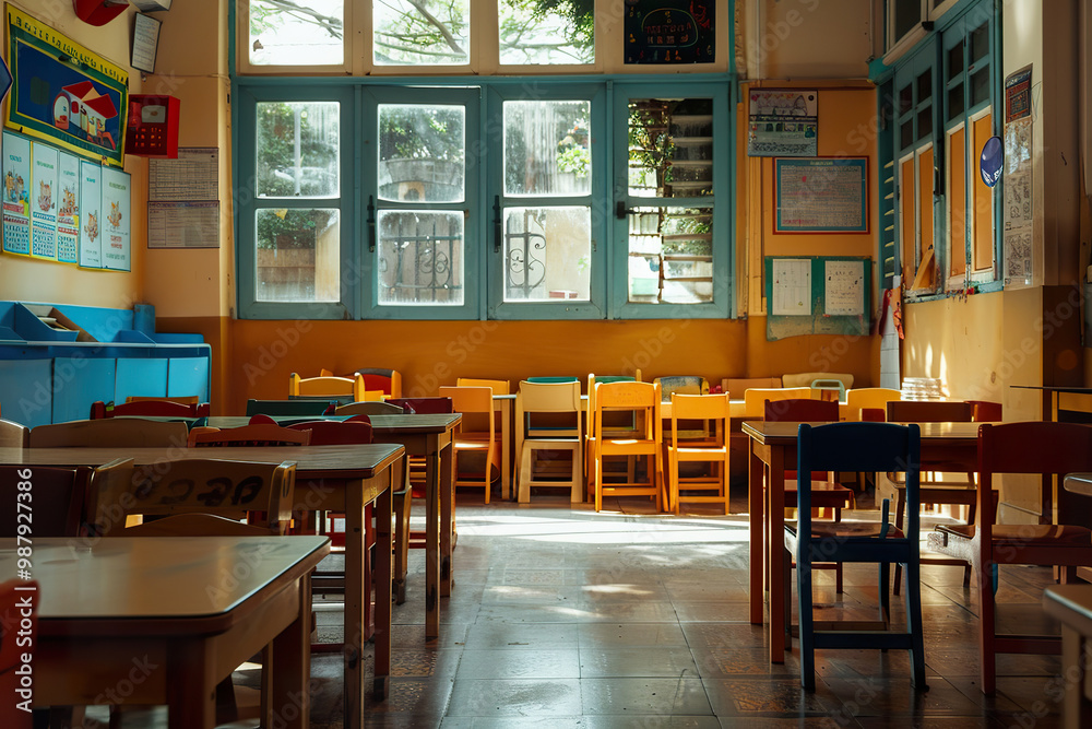 A classroom with a chalkboard and a few chairs, generative ai image., A classroom with a chalkboard and a few chairs, generative ai image.,