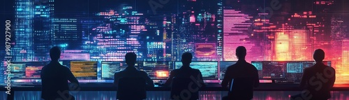 Silhouettes of individuals monitoring data from a futuristic control room with glowing city skyline in the background.